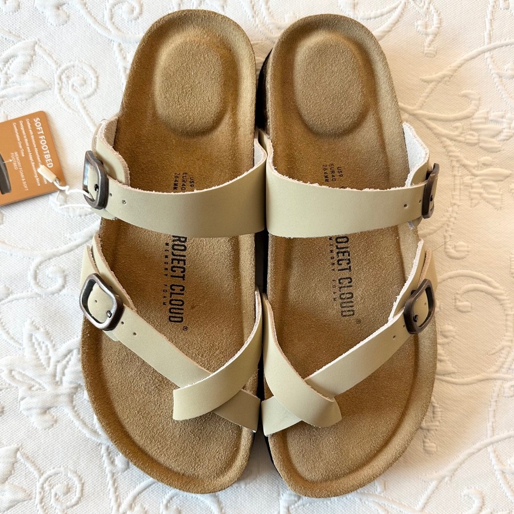 Project Cloud Womens Beige Lian Leather Memory Foam Toe Loop Sandals Size 9 - Picture 9 of 12